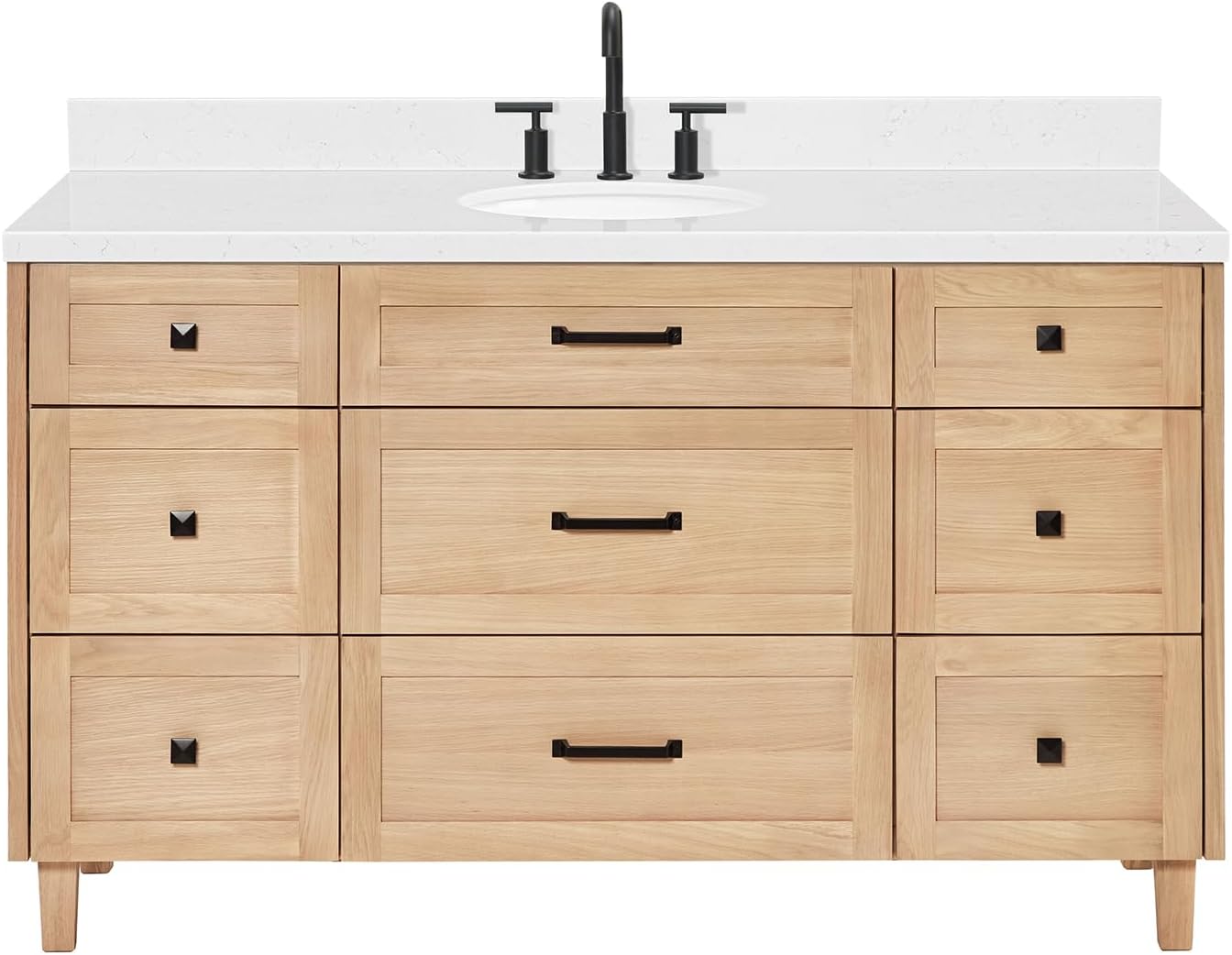 ARIEL Monroe 60-inch Bathroom Vanity with Sink,Solid Wood, 1.5-inch Carrara White Quartz Countertop, Single Oval Porcelain Sink, Dovetail Drawers, White Oak