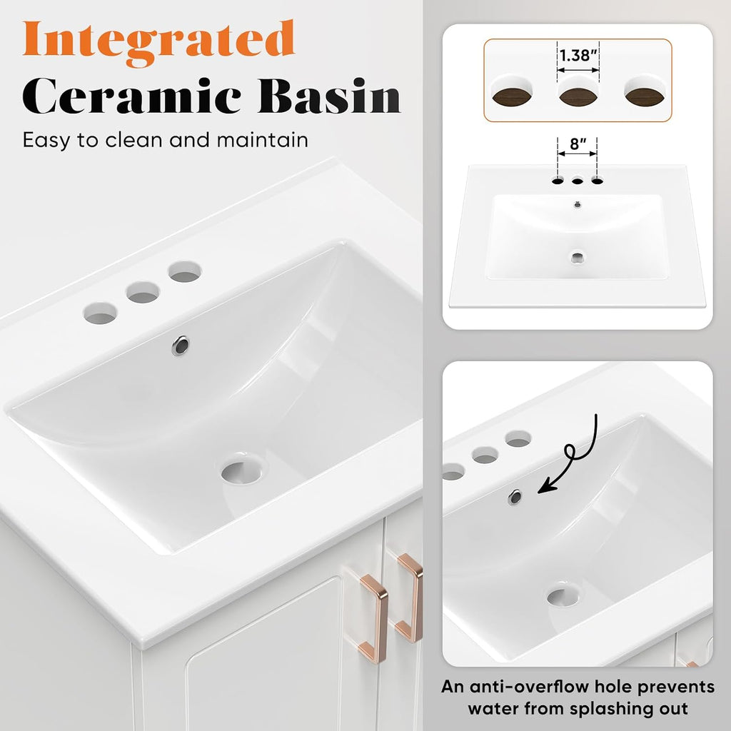 Sweetcrispy 24' Modern Bathroom Vanity with Ceramic Basin, Undermount Vanity Sink Cabinet with 2 Doors and 1 Drawer, Free Standing Bathroom Storage Cabinet with Sink Combo Set, Ivory