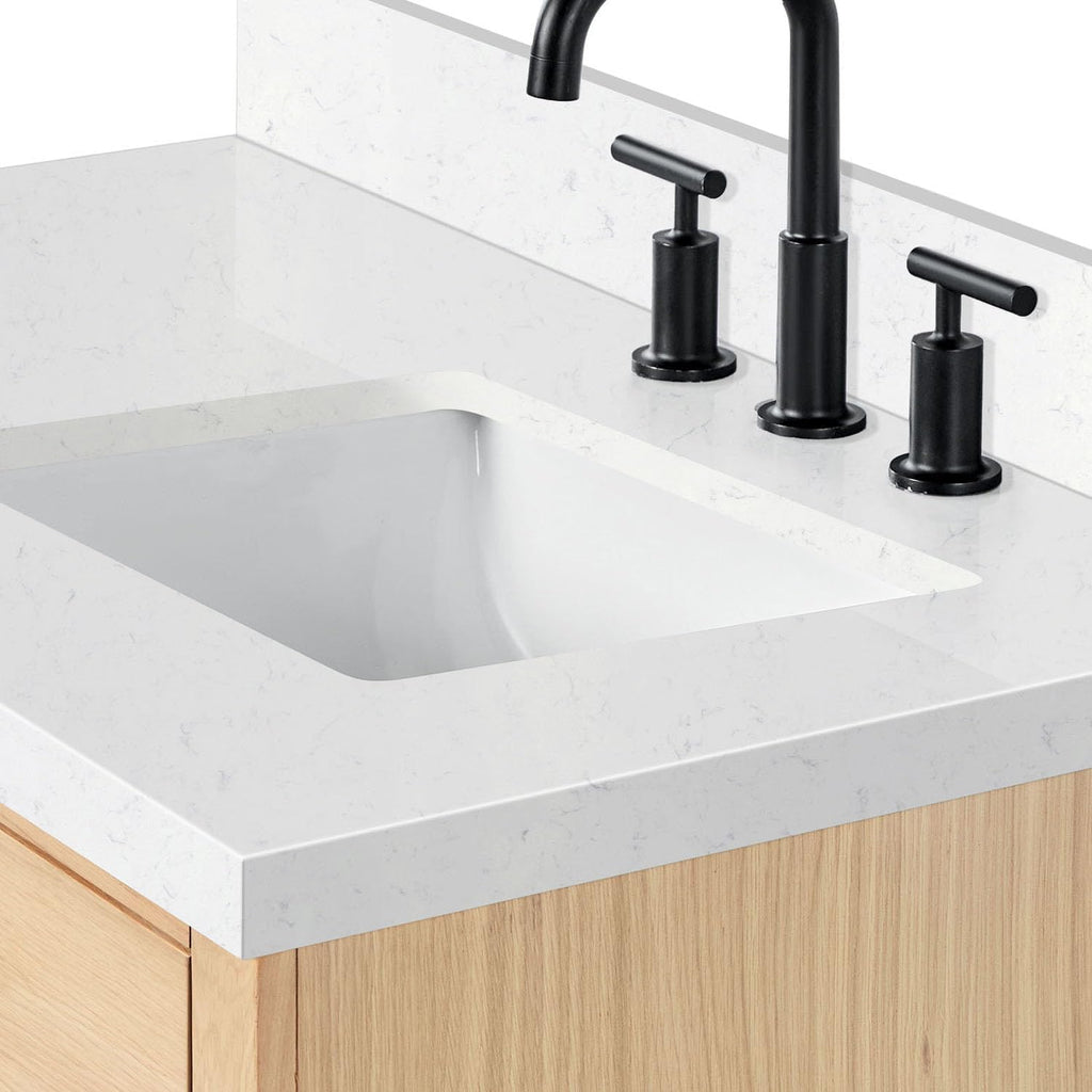 ARIEL Hepburn 36-inch Bathroom Vanity with Sink,Solid Wood, 1.5-inch Carrara White Quartz Countertop, Single Rectangular Porcelain Sink, 2 Soft Closing Doors, 5 Dovetail Drawers, White Oak