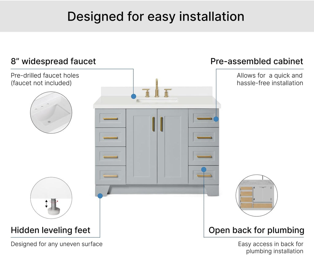 ARIEL Taylor 48-inch Bathroom Vanity with Sink,Solid Wood, 1.5-inch Pure White Quartz Countertop, Single Rectangular Porcelain Sink, 2 Soft Closing Doors, 9 Dovetail Drawers, Satin Brass, Grey