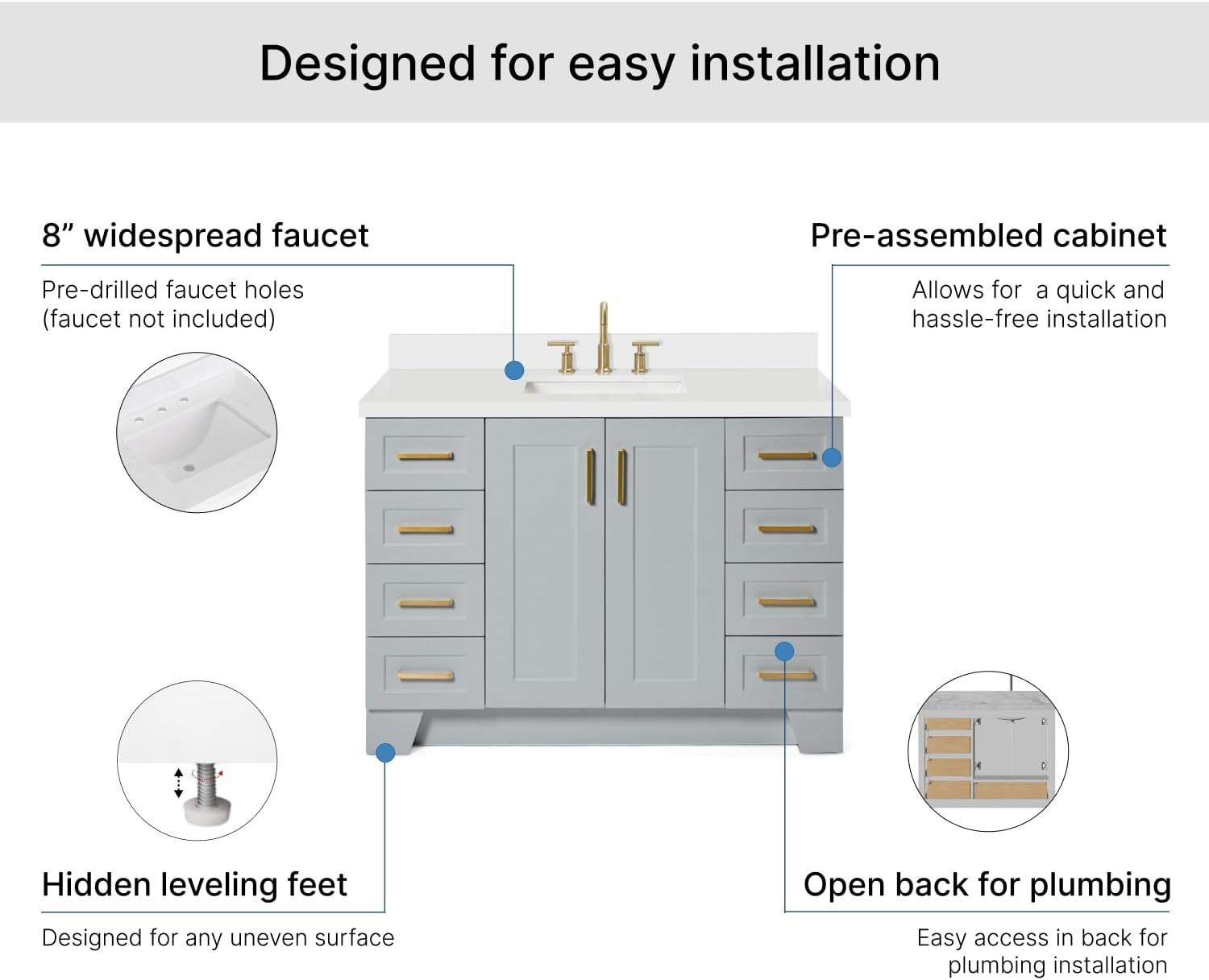 ARIEL Taylor 48-inch Bathroom Vanity with Sink,Solid Wood, 1.5-inch Pure White Quartz Countertop, Single Rectangular Porcelain Sink, 2 Soft Closing Doors, 9 Dovetail Drawers, Satin Brass, Grey