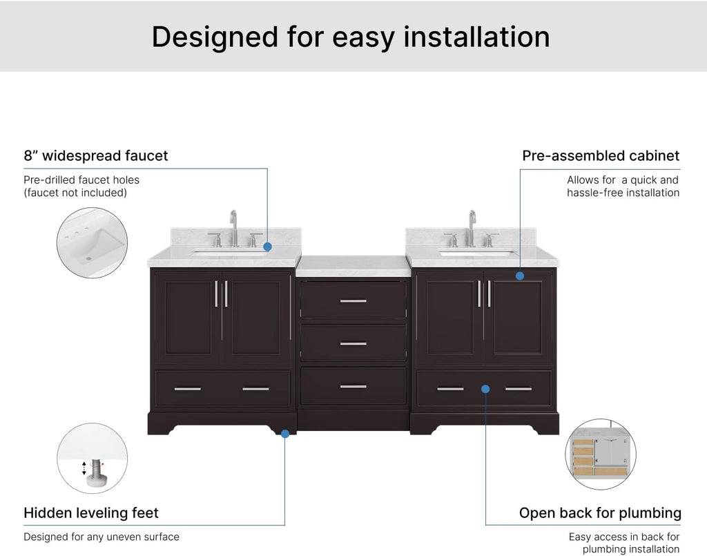 ARIEL Stafford 84-inch Bathroom Vanity with Sink,Solid Wood, 1.5in Italian Carrara Marble Countertop, Double Rectangular Porcelain Sink, 4 Soft Closing Doors, 5 Dovetail Drawers, Espresso