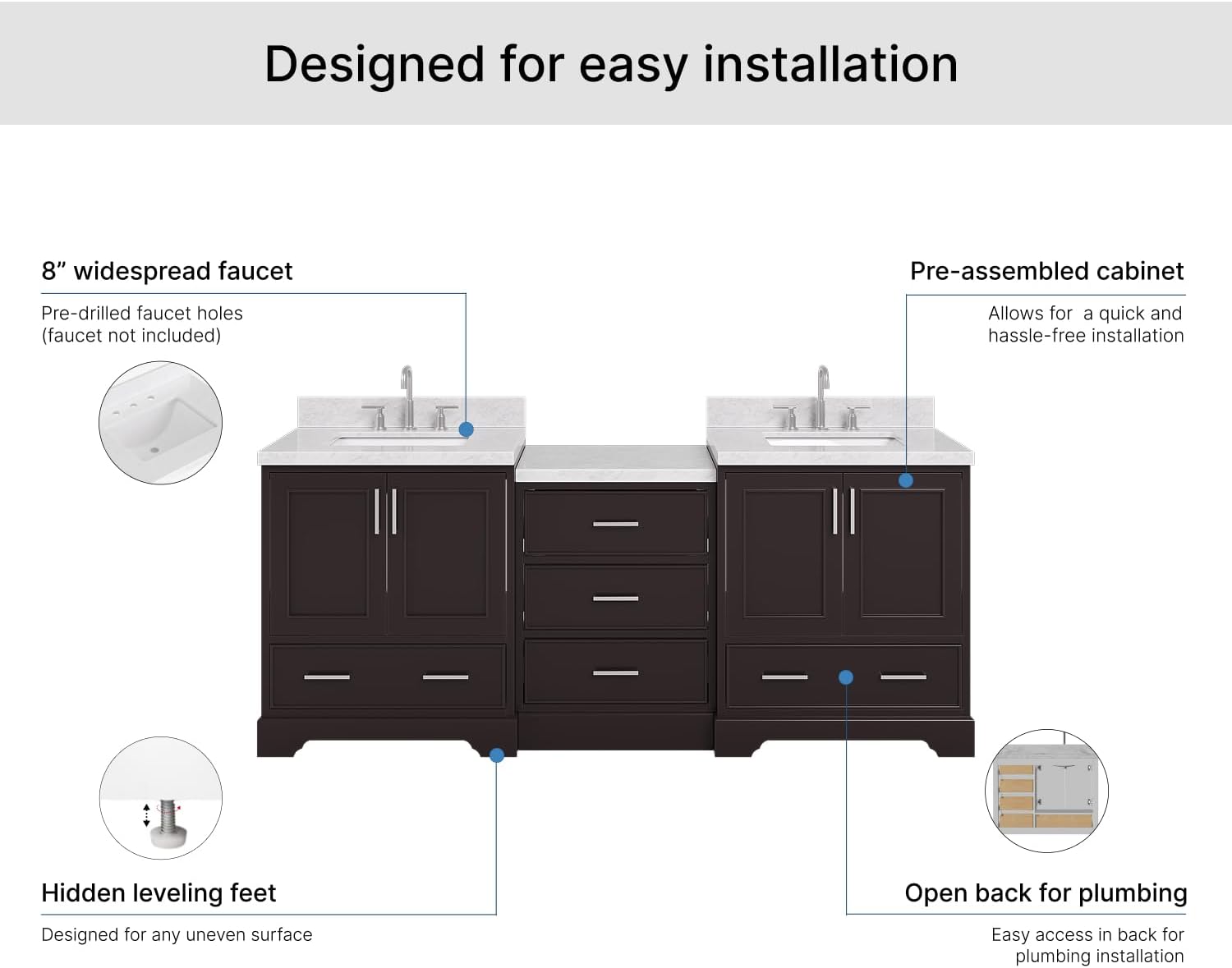 ARIEL Stafford 84-inch Bathroom Vanity with Sink,Solid Wood, 1.5in Italian Carrara Marble Countertop, Double Rectangular Porcelain Sink, 4 Soft Closing Doors, 5 Dovetail Drawers, Espresso