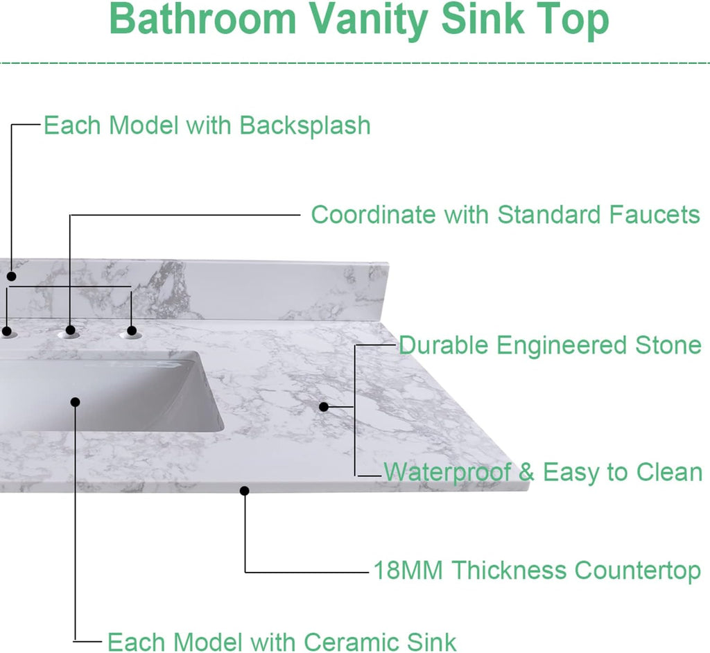 Leavader 31'x 22' Bathroom Vanity Top Carrara White Engineered Stone Three Hole Countertop with Undermount Ceramic Sink and Backsplash