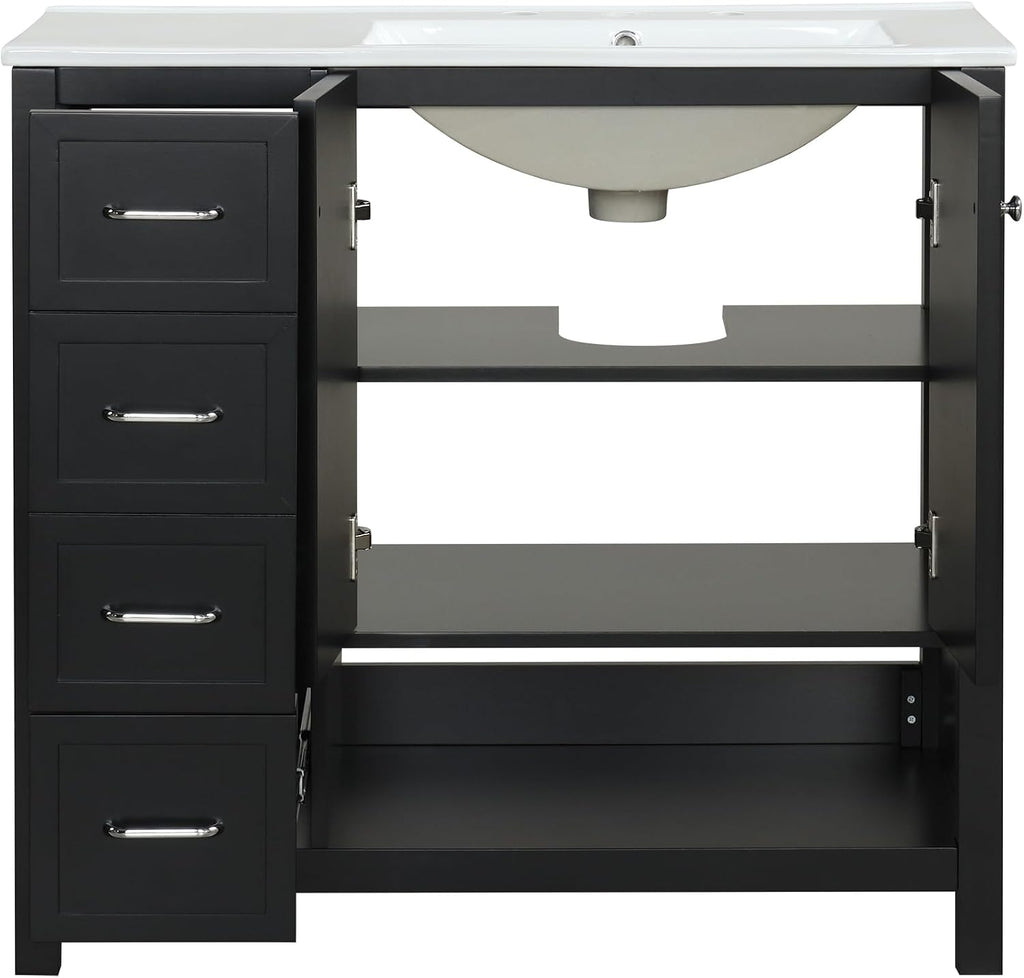 LUMISOL 36 Inch Bathroom Vanity with Sink, Black Freestanding Bathroom Vanity Cabinet with Ceramic Top, 2 Soft-Close Drawers, Open Storage Shelf & Single Offset Sink, Black