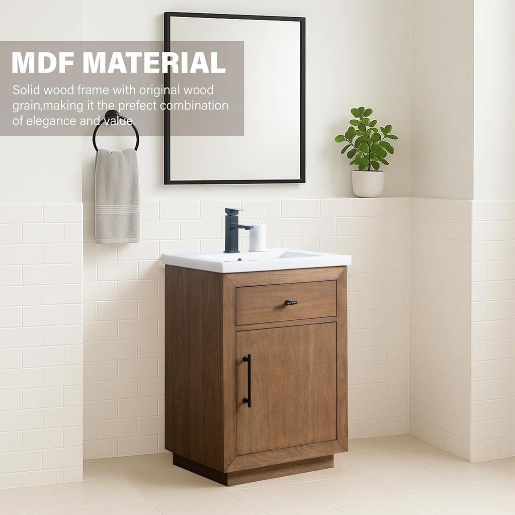 HOMEBEYOND 24' Bathroom Vanity with Single Sink & Ceramic Top, MDF Material Vanity Cabinet with Basin Combo, Soft-Closing Doors, Removable Shelf, Backsplash,Tan