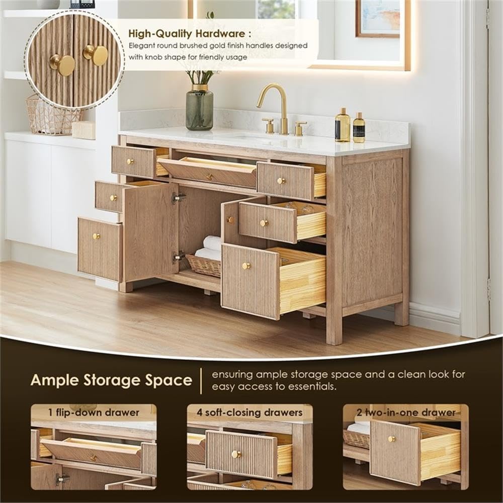 Pemberly Row 60' Single Wood Bathroom Vanity, Natural Oak Finish, White Engineered Stone Top, Fluted Doors, 7 Drawers, Ceramic Undermount Sink, Contemporary Style Without Mirror