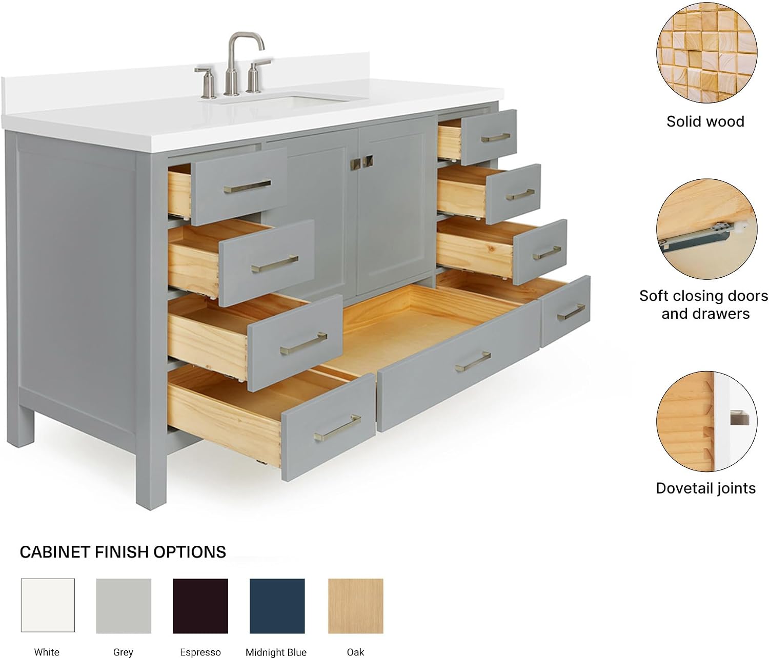 ARIEL Cambridge 60-inch Bathroom Vanity with Sink,Solid Wood, 1.5-inch Pure White Quartz Countertop & Backsplash, Single Rectangular Porcelain Sink, 2 Soft Closing Doors, 9 Dovetail Drawers, Grey