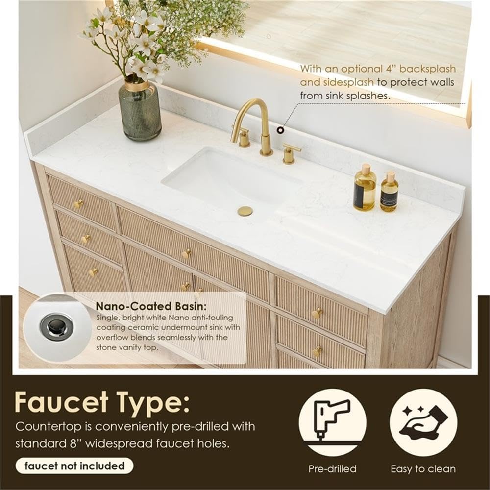Pemberly Row 60' Single Wood Bathroom Vanity, Natural Oak Finish, White Engineered Stone Top, Fluted Doors, 7 Drawers, Ceramic Undermount Sink, Contemporary Style Without Mirror