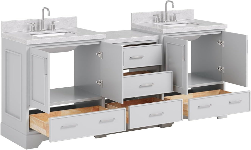 ARIEL Stafford 84-inch Bathroom Vanity with Sink,Solid Wood, 1.5in Italian Carrara Marble Countertop & Backsplash, Double Rectangular Porcelain Sink, 4 Soft Closing Doors, 5 Dovetail Drawers, Grey