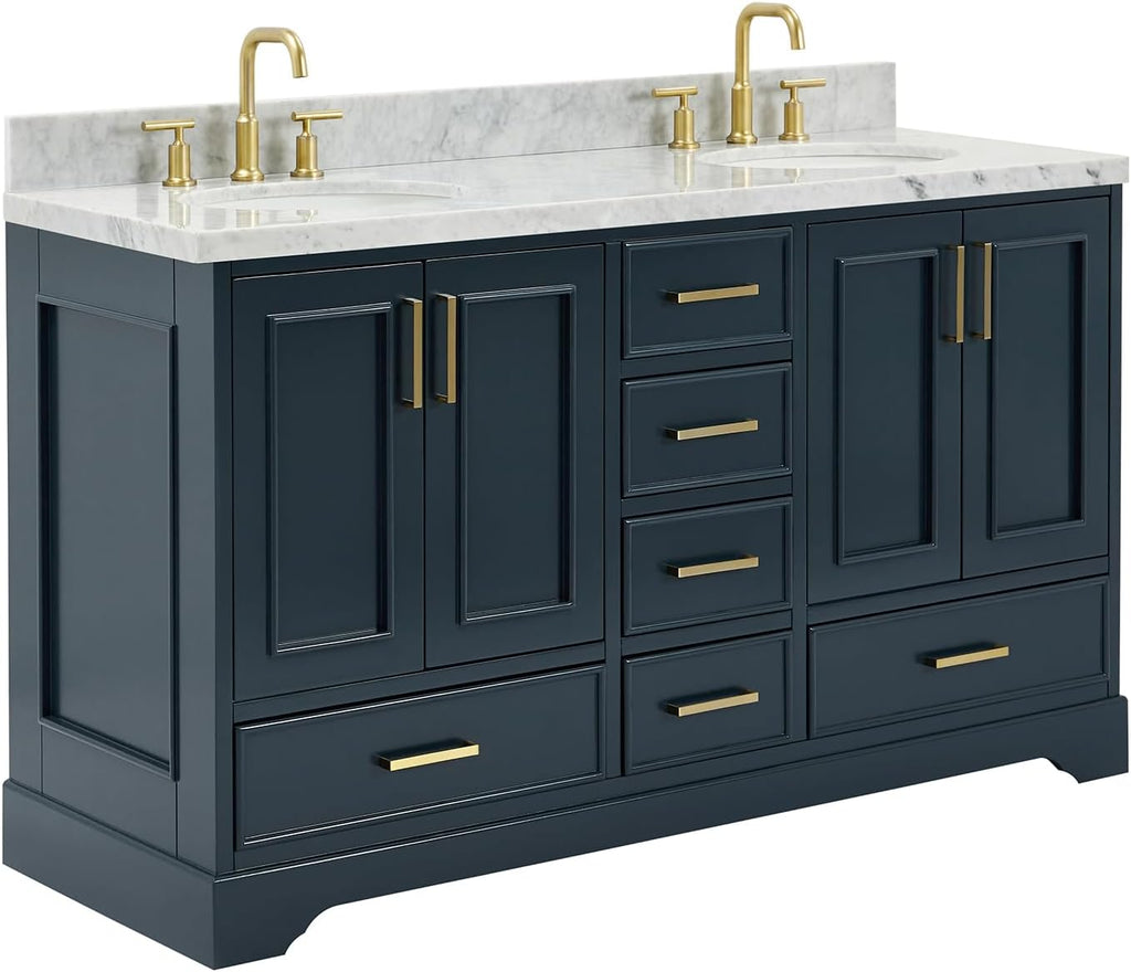 ARIEL Stafford 60-inch Bathroom Vanity with Sink,Solid Wood, 1.5-inch Italian Carrara Marble Countertop, Double Oval Porcelain Sink, 4 Soft Closing Doors, 6 Dovetail Drawers, Midnight Blue