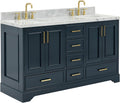 ARIEL Stafford 60-inch Bathroom Vanity with Sink,Solid Wood, 1.5-inch Italian Carrara Marble Countertop, Double Oval Porcelain Sink, 4 Soft Closing Doors, 6 Dovetail Drawers, Midnight Blue