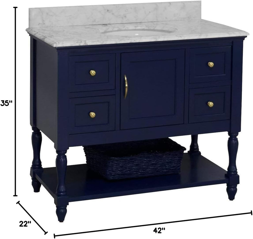 Beverly 42-inch Bathroom Vanity (Carrara/Royal Blue): Includes Royal Blue Cabinet with Authentic Italian Carrara Marble Countertop and White Ceramic Sink