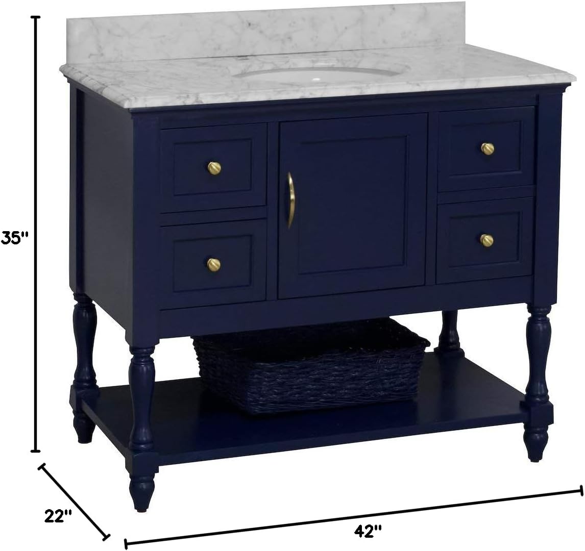 Beverly 42-inch Bathroom Vanity (Carrara/Royal Blue): Includes Royal Blue Cabinet with Authentic Italian Carrara Marble Countertop and White Ceramic Sink