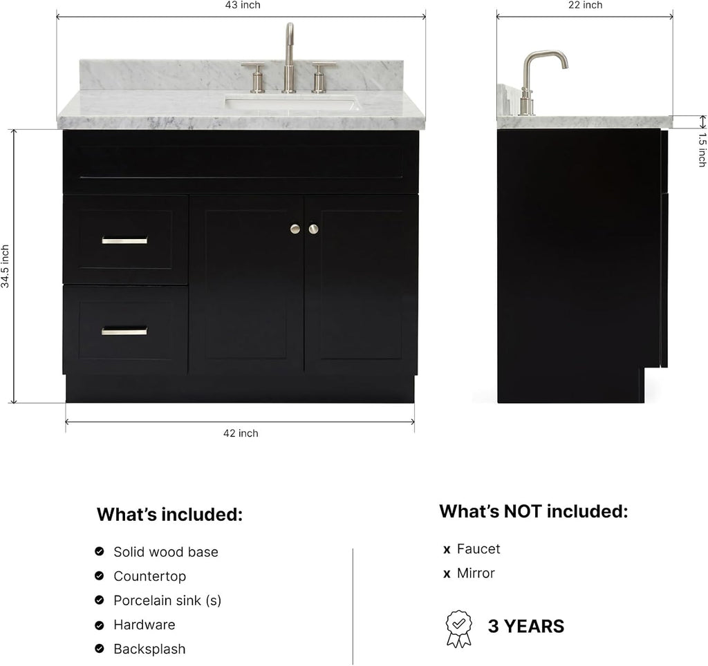 ARIEL Hamlet 42-inch Bathroom Vanity with Sink,Solid Wood, 1.5-inch Italian Carrara Marble Countertop, Single Rectangular Porcelain Sink, 2 Soft Closing Doors, 2 Dovetail Drawers, Black