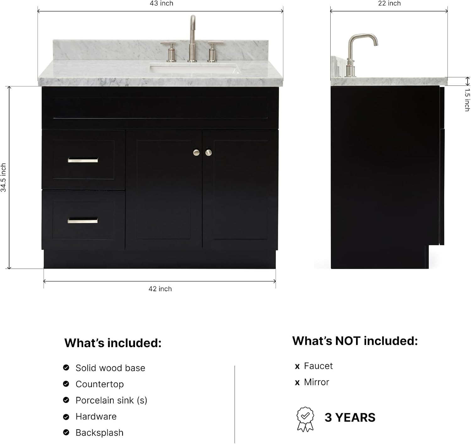 ARIEL Hamlet 42-inch Bathroom Vanity with Sink,Solid Wood, 1.5-inch Italian Carrara Marble Countertop, Single Rectangular Porcelain Sink, 2 Soft Closing Doors, 2 Dovetail Drawers, Black