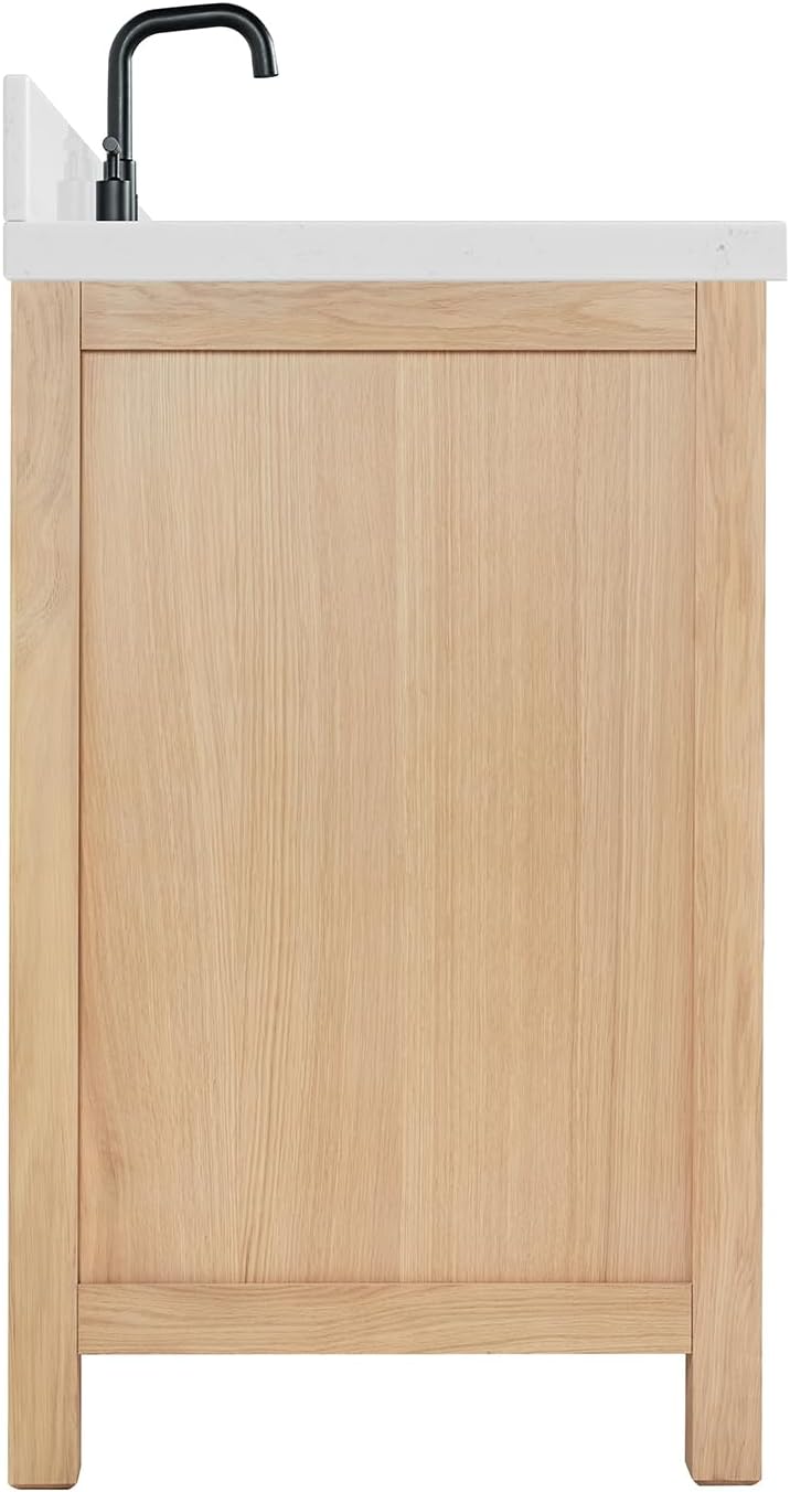 ARIEL Cambridge 42-inch Bathroom Vanity with Sink,Solid Wood, 1.5-inch Carrara White Quartz Countertop, Single Rectangular Porcelain Sink, 2 Soft Closing Doors, 9 Dovetail Drawers, White Oak