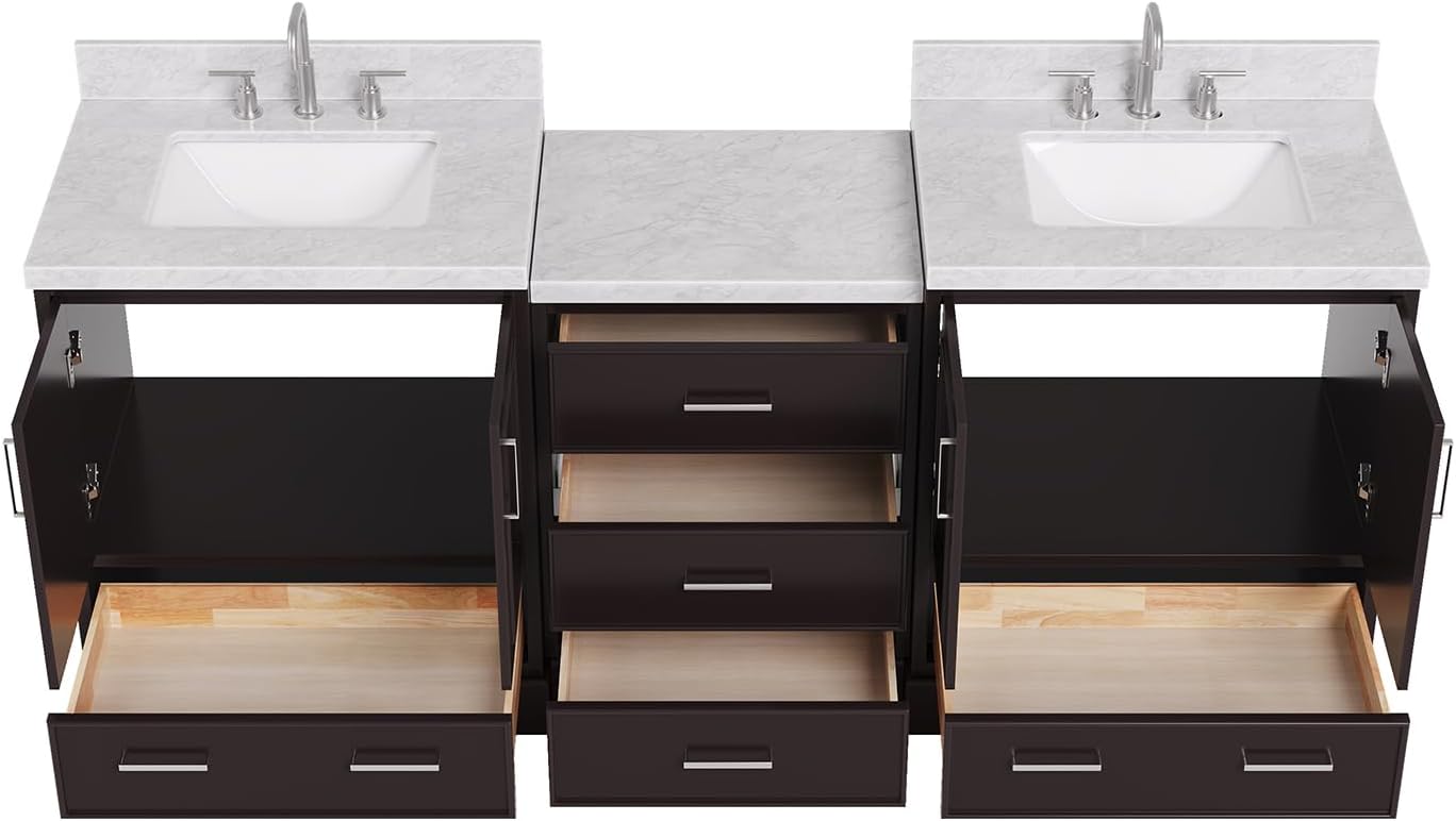 ARIEL Stafford 84-inch Bathroom Vanity with Sink,Solid Wood, 1.5in Italian Carrara Marble Countertop, Double Rectangular Porcelain Sink, 4 Soft Closing Doors, 5 Dovetail Drawers, Espresso