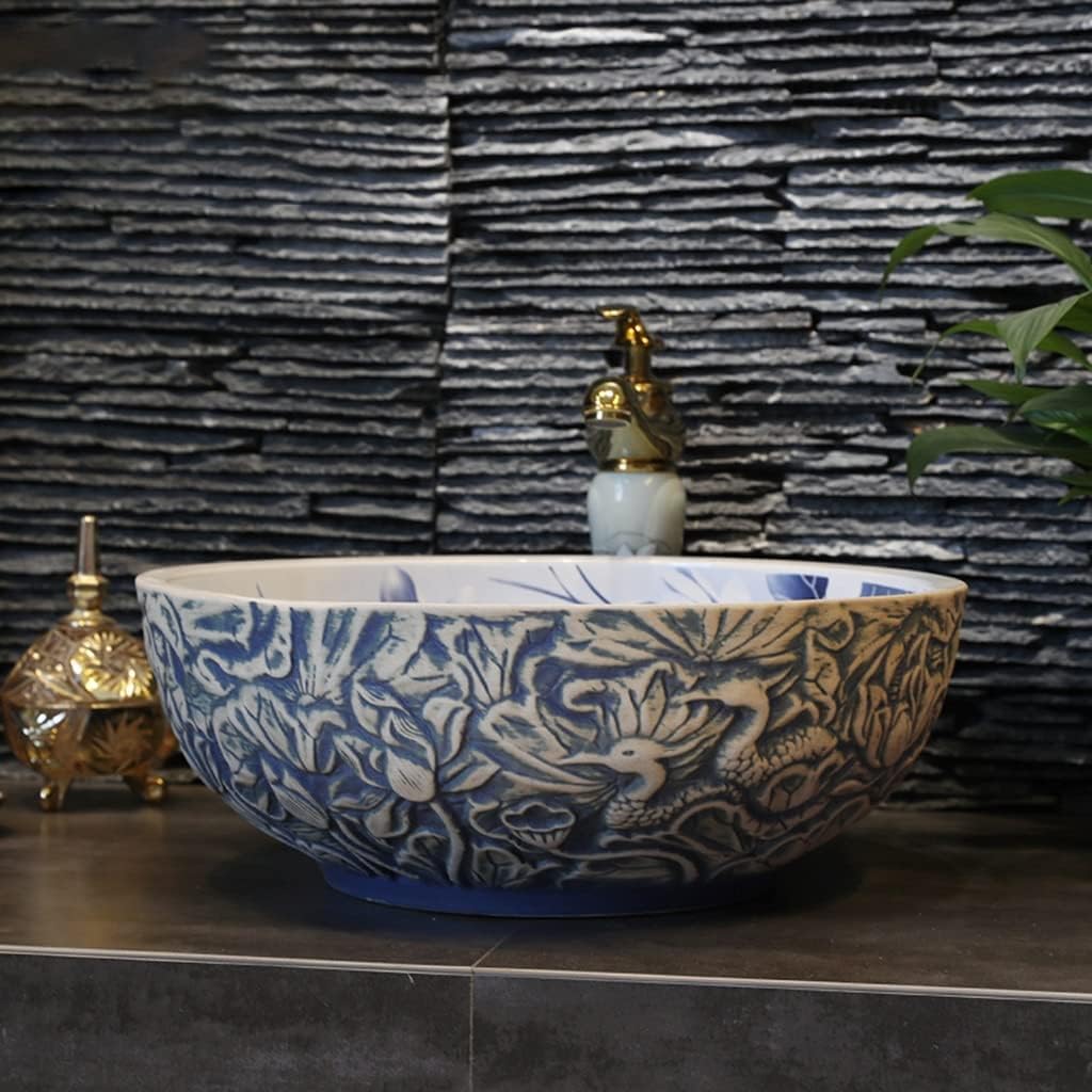 Bathroom Sink Above Counter Vessel Sink Basin Vanity Sink Tops Chinese Retro Lotus Ceramic Bathroom Sink,Round Single Basin in Household Bathroom,42 * 15Cm,White