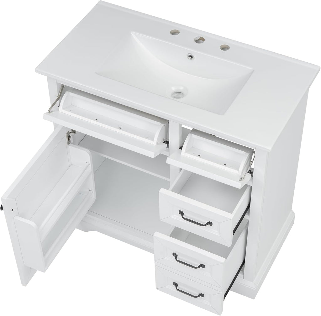 Mirightone 36' Vanity with Sink, Bathroom Vanities 36 inch with Sink, Single Sink Bathroom Vanity, 36 Restroom Vanity with Top, Includeing 2 Tip-Out Drawers and Soft Close Door Hinges (White)