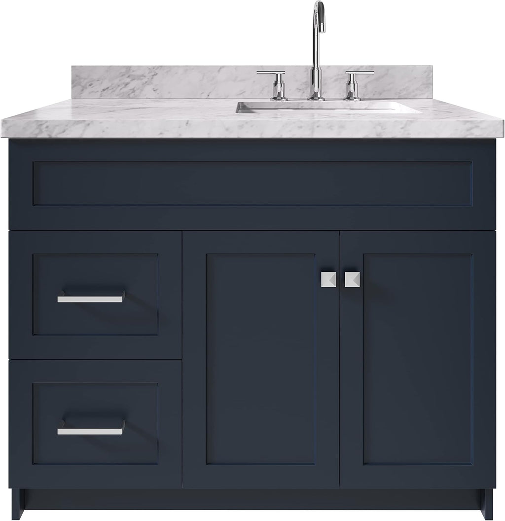 ARIEL 48' Grey Bathroom Vanity with Sink, 1.5' Pure White Quartz Countertop, Rectangular Sink, 2 Soft Close Doors, 4 Full Extension Dovetail Drawers, Brushed Nickel