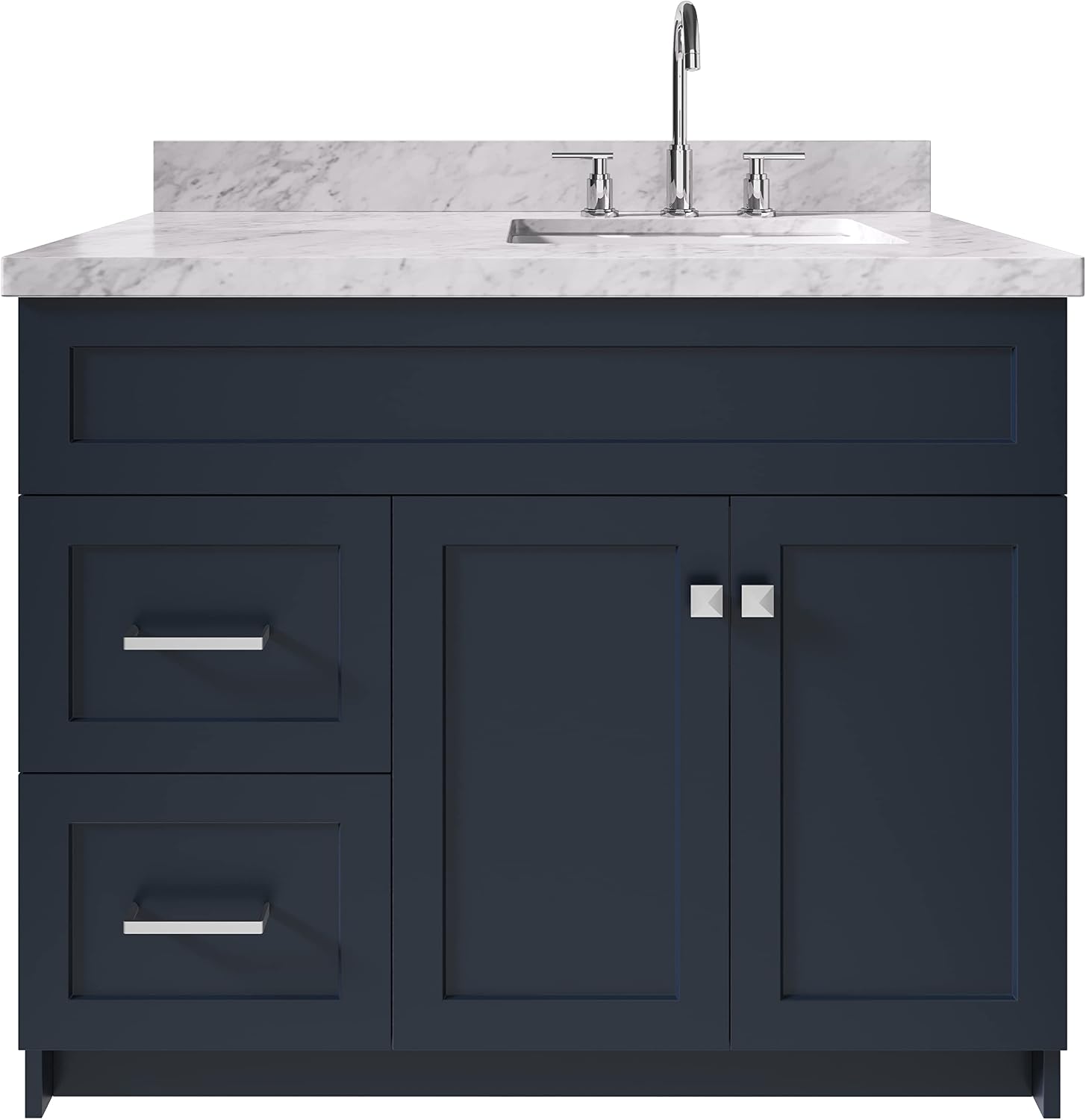 ARIEL 48' Grey Bathroom Vanity with Sink, 1.5' Pure White Quartz Countertop, Rectangular Sink, 2 Soft Close Doors, 4 Full Extension Dovetail Drawers, Brushed Nickel