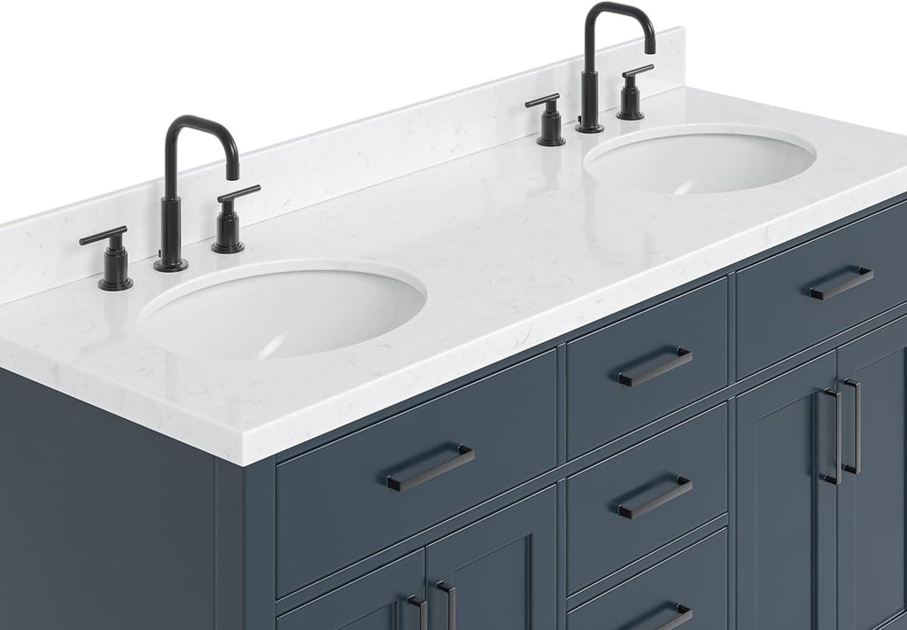 ARIEL Hepburn 72-inch Bathroom Vanity with Sink,Solid Wood, 1.5-inch Carrara White Quartz Countertop, Double Oval Porcelain Sink, 4 Soft Closing Doors, 6 Dovetail Drawers, Midnight Blue