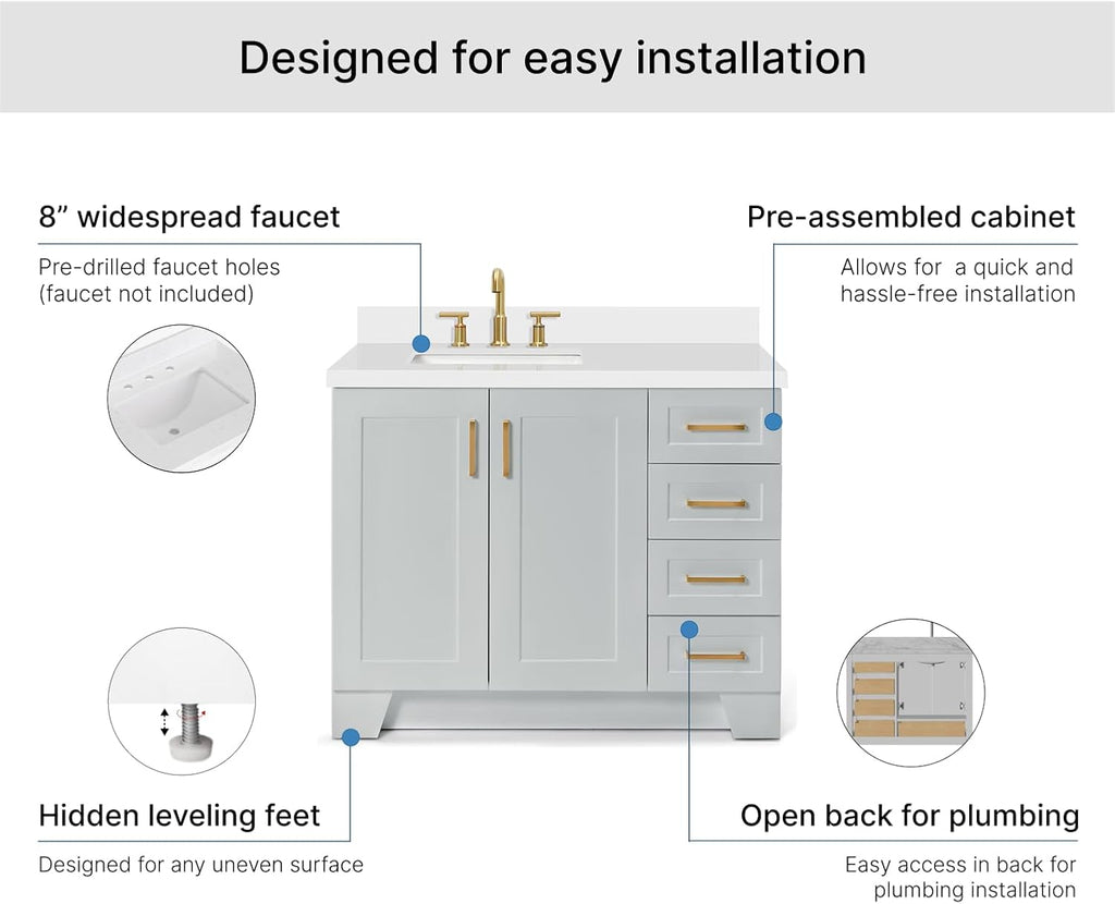 ARIEL Taylor 42-inch Bathroom Vanity with Sink,Solid Wood, 1.5-inch Pure White Quartz Countertop & Backsplash, Single Rectangular Porcelain Sink, 2 Soft Closing Doors, 5 Dovetail Drawers, Grey