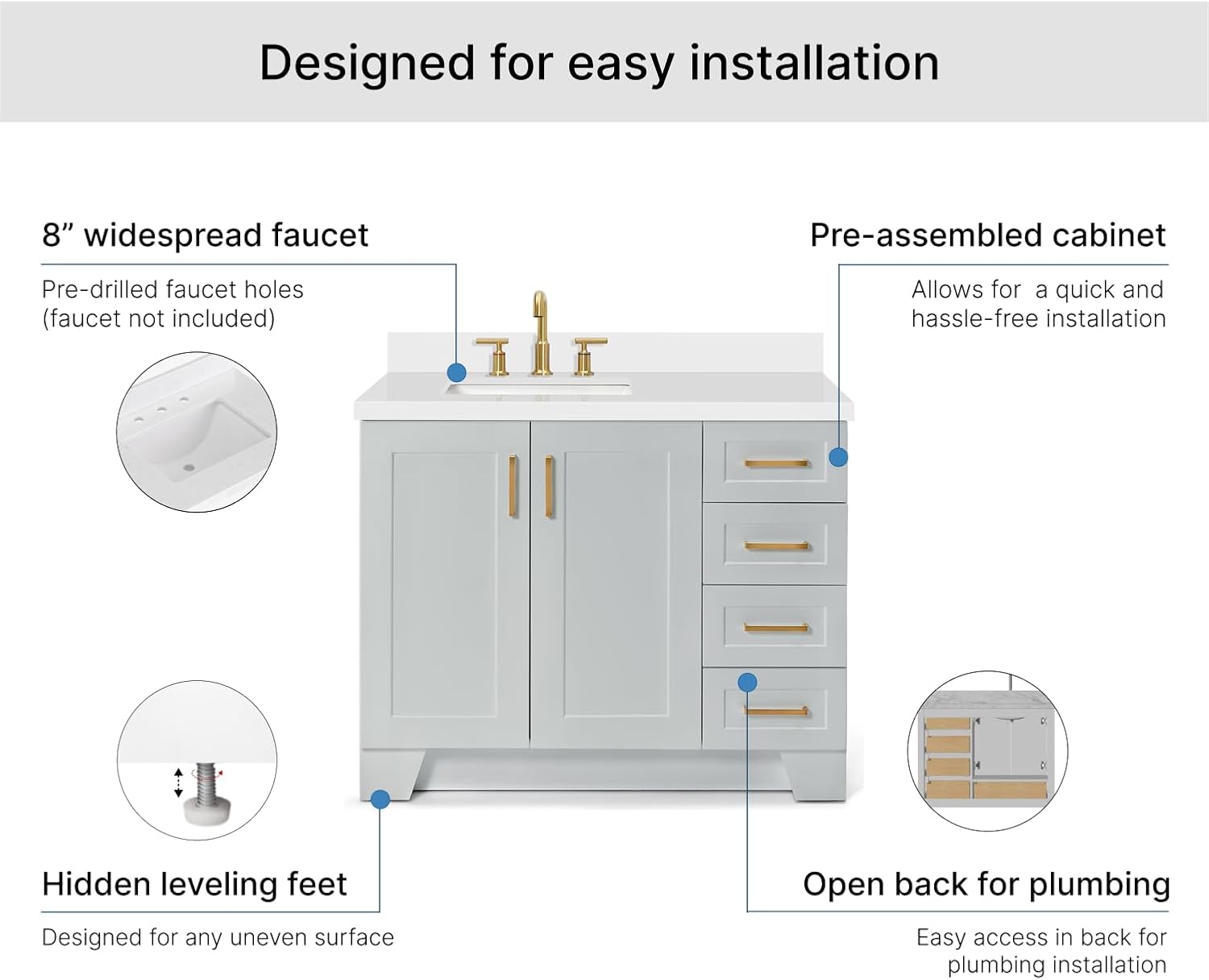 ARIEL Taylor 42-inch Bathroom Vanity with Sink,Solid Wood, 1.5-inch Pure White Quartz Countertop & Backsplash, Single Rectangular Porcelain Sink, 2 Soft Closing Doors, 5 Dovetail Drawers, Grey
