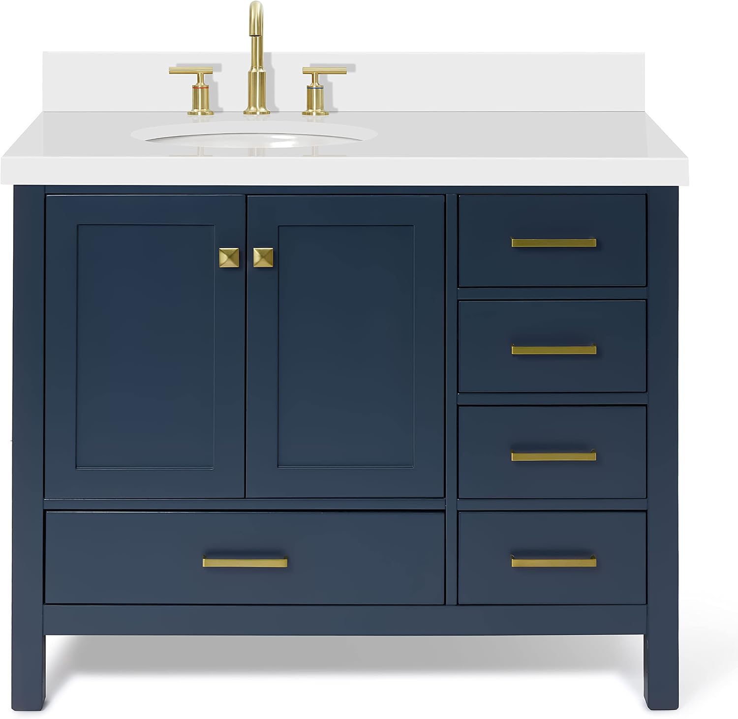 ARIEL Cambridge 42-inch Bathroom Vanity with Sink,Solid Wood, 1.5-inch Pure White Quartz Countertop & Backsplash, Single Oval Porcelain Sink, 2 Soft Closing Doors, 5 Dovetail Drawers, Midnight Blue