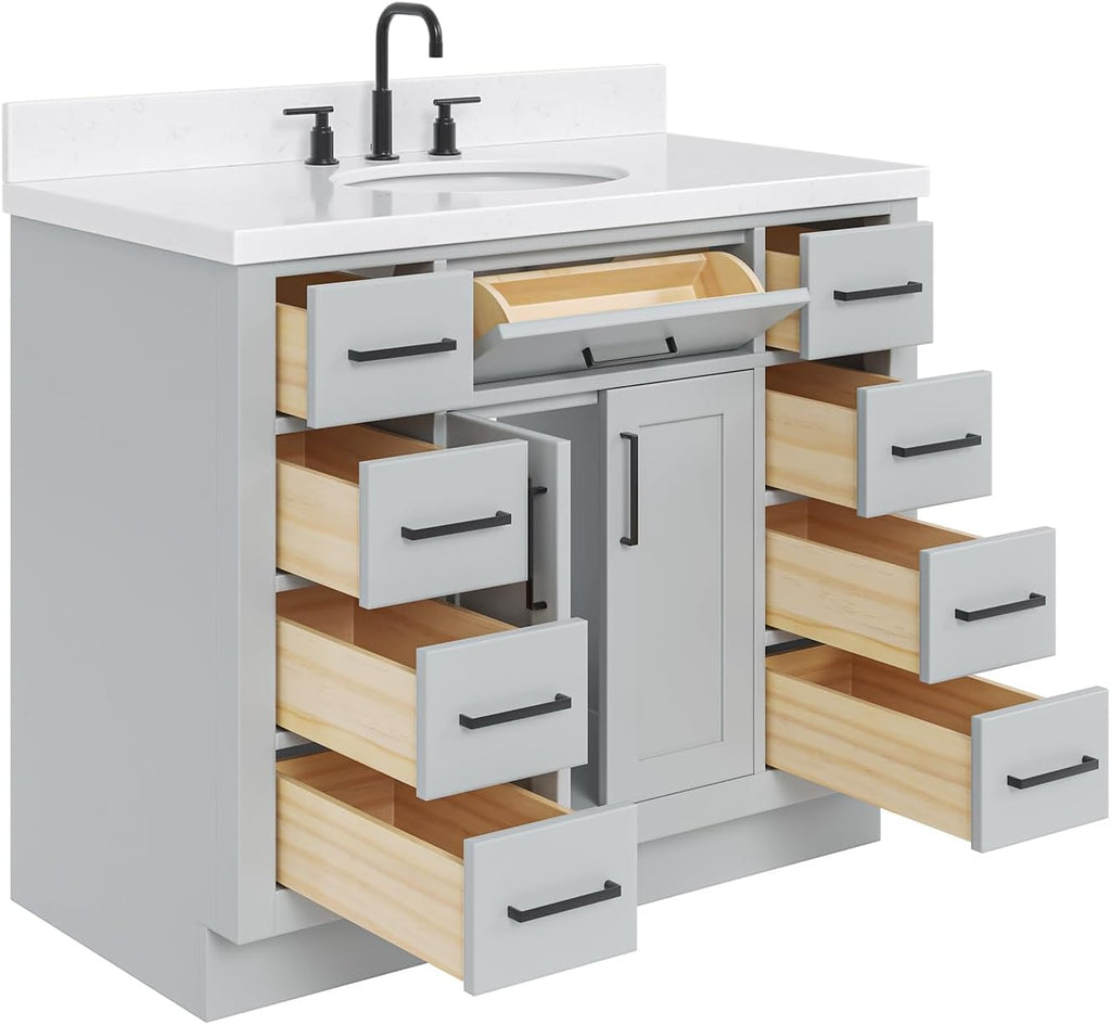 DKB Isabella 42-Inch Gray Bathroom Vanity with Sink, 1.5-Inch Edge Carrara Quartz Countertop, Solid Wood Frame, Oval Undermount Sink, 2 Soft Closing Doors, 9 Full Extension Drawers, Toe Kick
