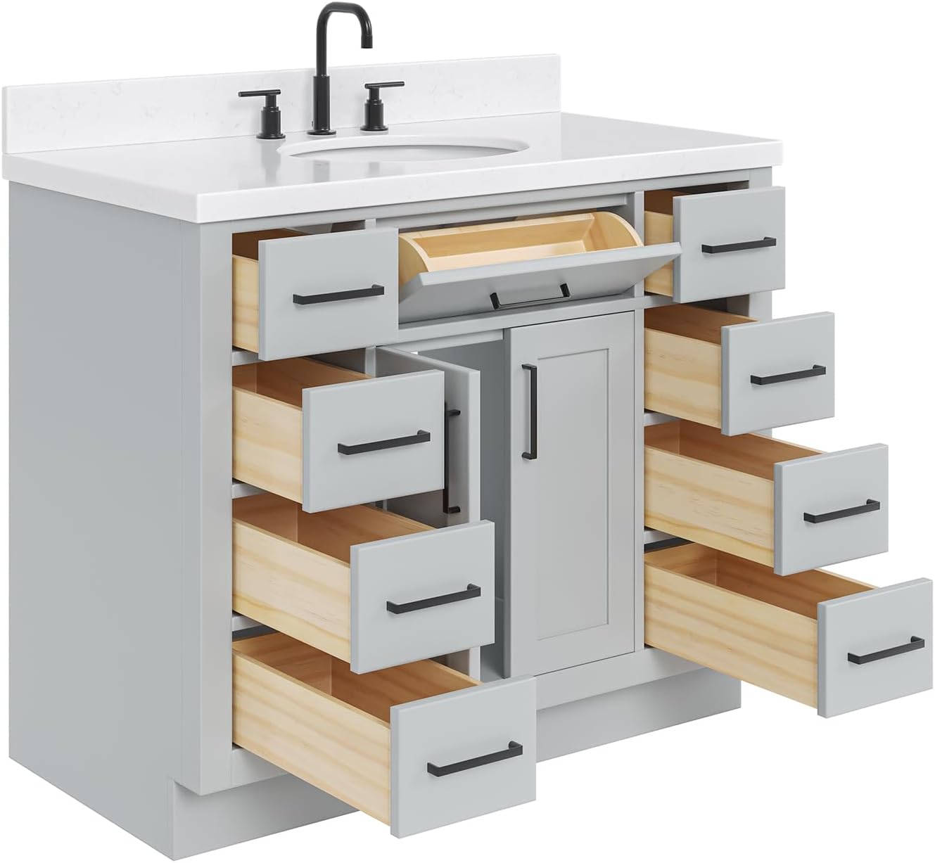 DKB Isabella 42-Inch Gray Bathroom Vanity with Sink, 1.5-Inch Edge Carrara Quartz Countertop, Solid Wood Frame, Oval Undermount Sink, 2 Soft Closing Doors, 9 Full Extension Drawers, Toe Kick