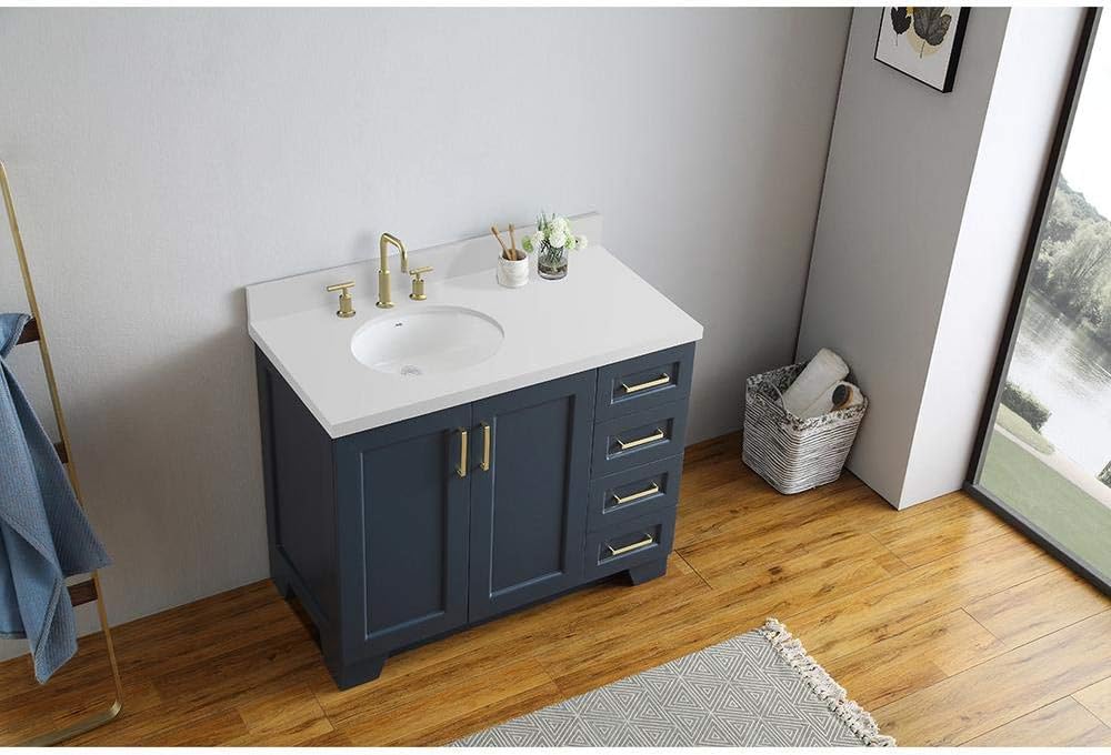 ARIEL Taylor 42-inch Bathroom Vanity with Sink,Solid Wood, 1.5-inch Pure White Quartz Countertop & Backsplash, Single Oval Porcelain Sink, 2 Soft Closing Doors, 5 Dovetail Drawers, Midnight Blue