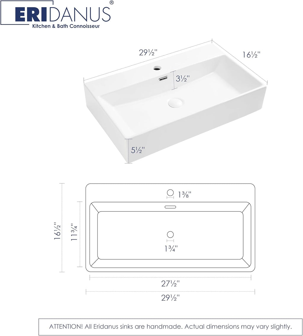 Eridanus Bathroom Sink 30' x 16' Rectangular Vessel Sink, Wall Mount Above Counter Vanity Sink, Premium Ceramic White Art Basin with Overflow, Lavatory Trough Floating Washbasin