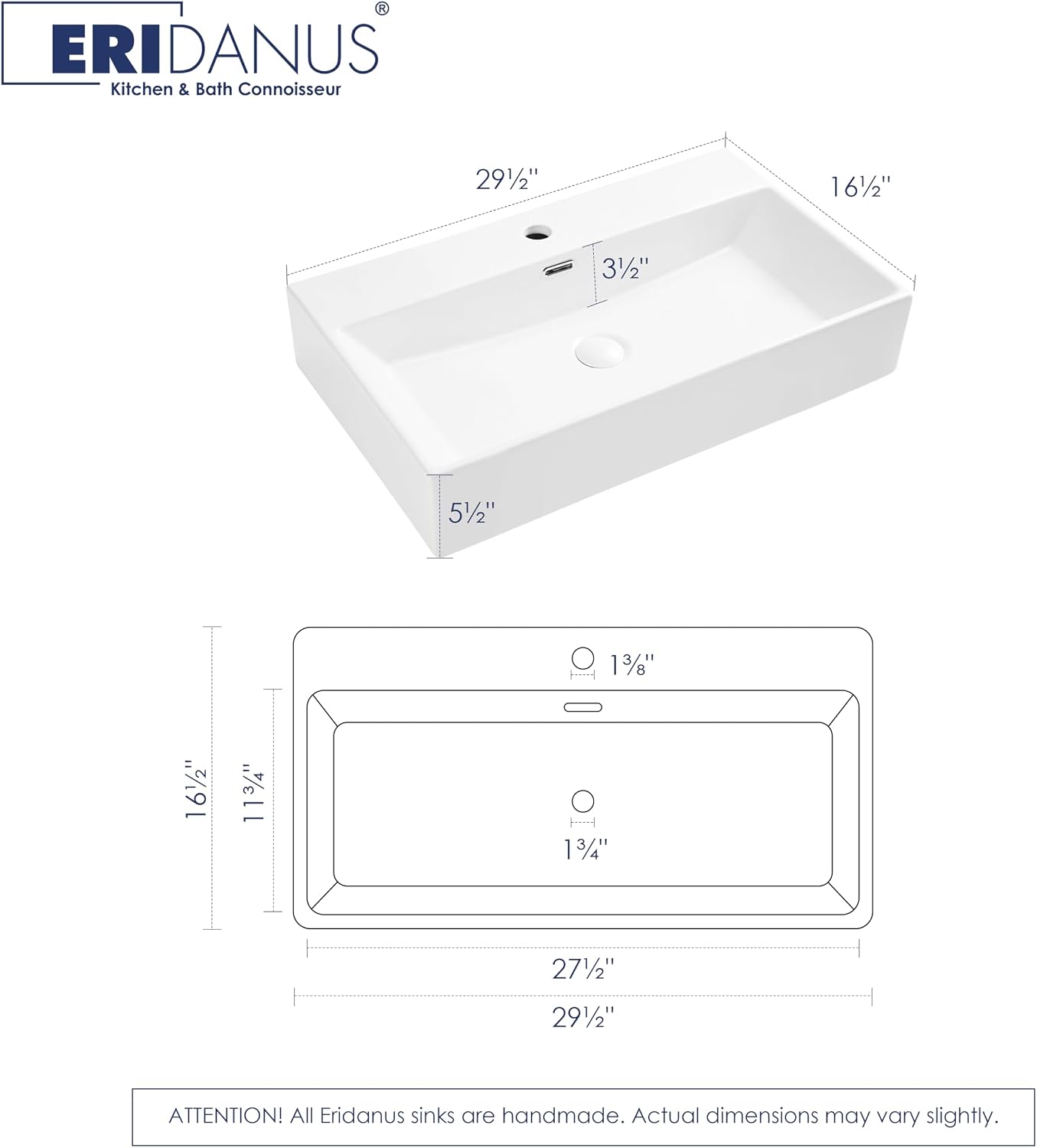 Eridanus Bathroom Sink 30' x 16' Rectangular Vessel Sink, Wall Mount Above Counter Vanity Sink, Premium Ceramic White Art Basin with Overflow, Lavatory Trough Floating Washbasin