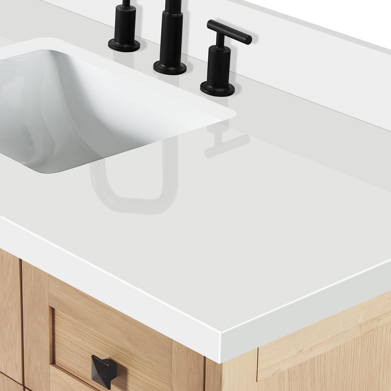 ARIEL Monroe 48-inch Bathroom Vanity with Sink,Solid Wood, 1.5-inch Pure White Quartz Countertop & Backsplash, Single Rectangular Porcelain Sink, 9 Dovetail Drawers, Matte Black, White Oak