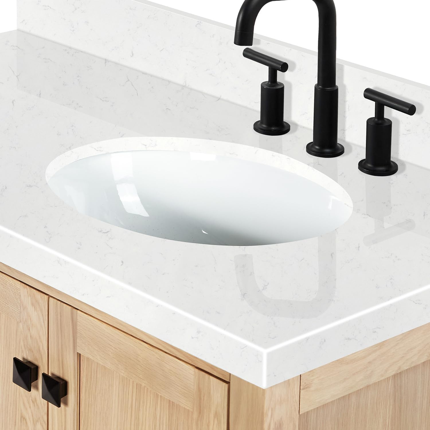 DKB Beckford 42-Inch Oak Single Bathroom Vanity with Sink, Carrara White Quartz Countertop & 1.5' Miter Edge, 4' Backsplash, Soft Closing Door & Drawer, Matte Black Hardware