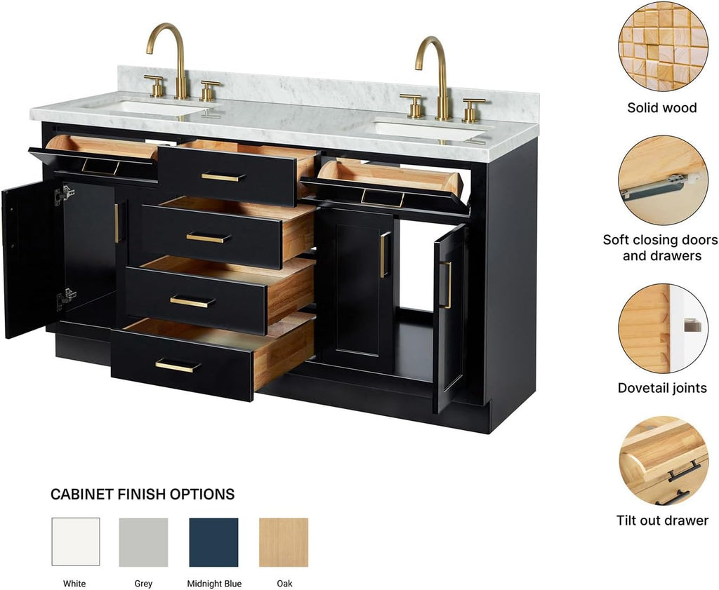ARIEL Hepburn 66-inch Bathroom Vanity with Sink,Solid Wood, 1.5-inch Italian Carrara Marble Countertop, Double Rectangular Porcelain Sink, 4 Soft Closing Doors, 6 Dovetail Drawers, Black