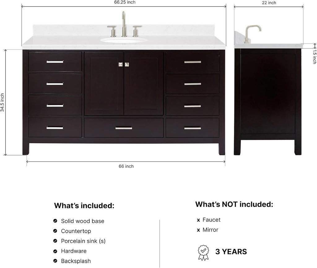 ARIEL Cambridge 66-inch Bathroom Vanity with Sink,Solid Wood, 1.5-inch Carrara White Quartz Countertop & Backsplash, Single Oval Porcelain Sink, 2 Soft Closing Doors, 9 Dovetail Drawers, Espresso