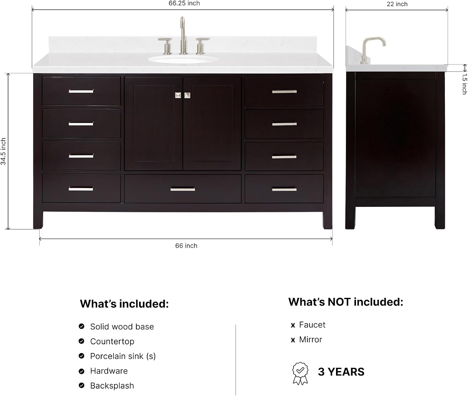 ARIEL Cambridge 66-inch Bathroom Vanity with Sink,Solid Wood, 1.5-inch Carrara White Quartz Countertop & Backsplash, Single Oval Porcelain Sink, 2 Soft Closing Doors, 9 Dovetail Drawers, Espresso