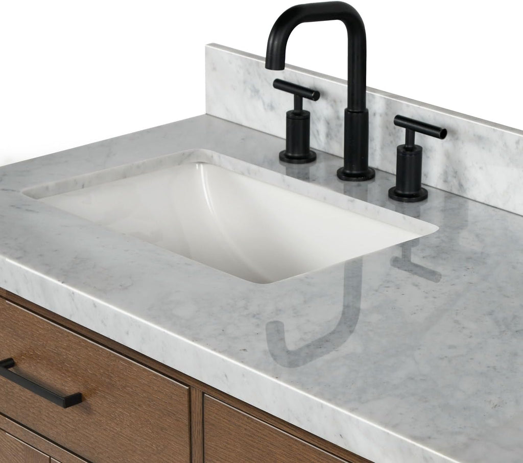 ARIEL Hepburn 66-inch Bathroom Vanity with Sink,Solid Wood, 1.5-inch Italian Carrara Marble Countertop, Double Rectangular Porcelain Sink, 4 Soft Closing Doors, 6 Dovetail Drawers, Brown Oak