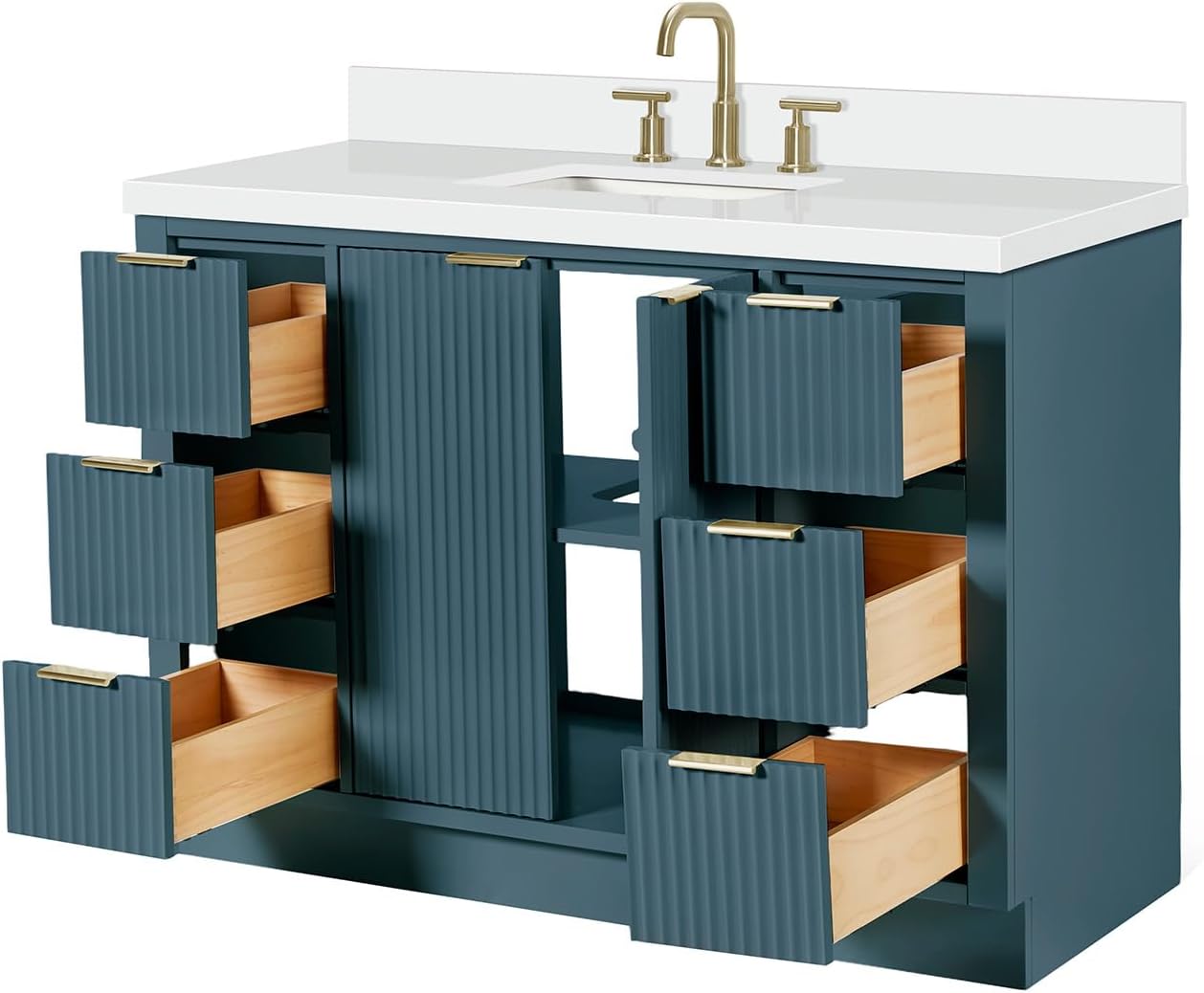 ARIEL Milan 48-inch Bathroom Vanity with Sink,Solid Wood, 1.5-inch Pure White Quartz Countertop, Single Rectangular Porcelain Sink, Soft Closing Doors, Dovetail Drawers, Vintage Blue