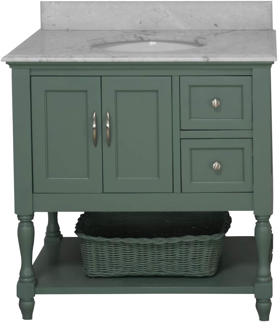Kitchen Bath Collection Beverly 36-inch Bathroom Vanity (Carrara/Sage Green): Includes Sage Green Cabinet with Authentic Italian Carrara Marble Countertop and White Ceramic Sink