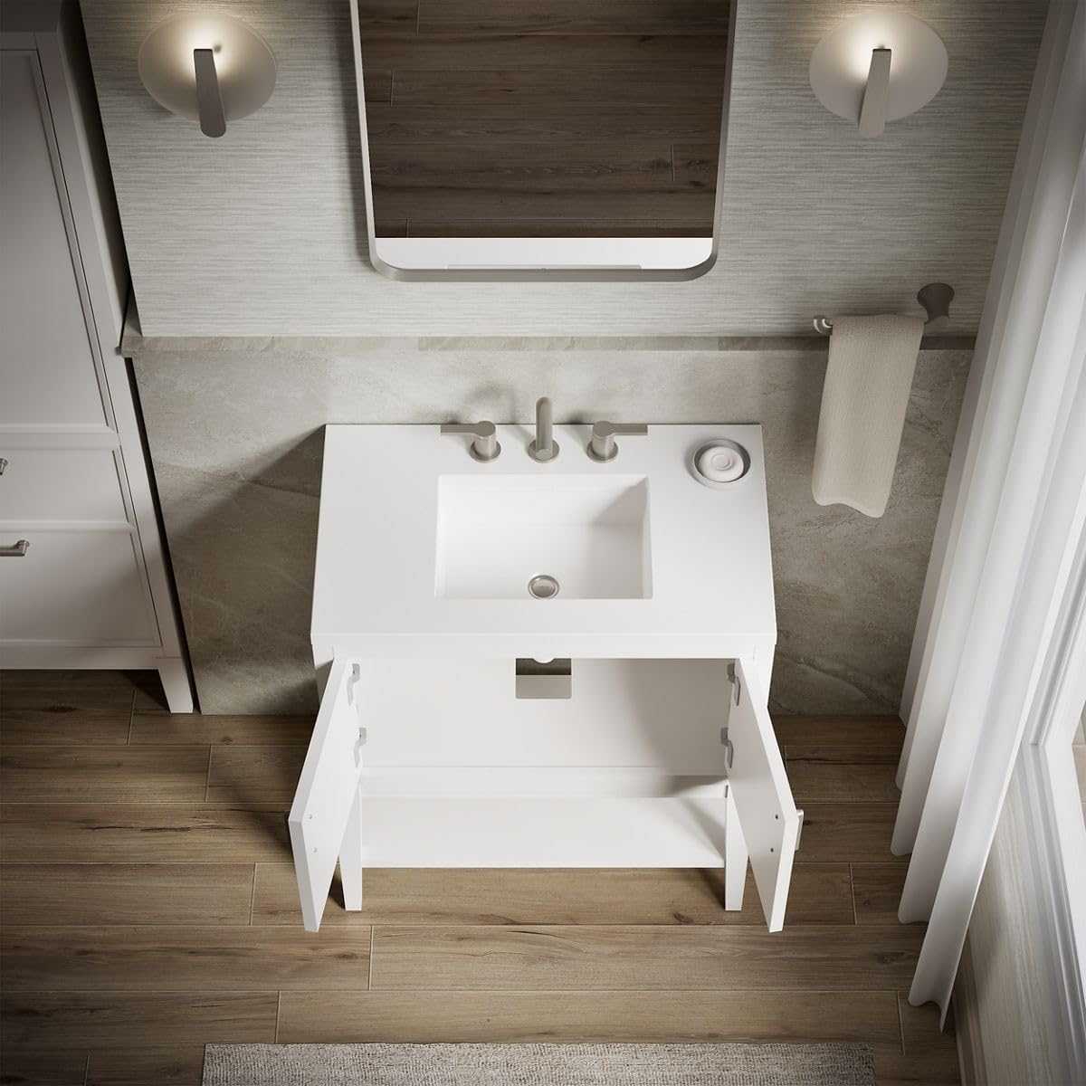 Kohler Winnow 30 Inch Bathroom Vanity Cabinet with White Single Sink and Quartz Top, Modern Bathroom Vanity, White, K-33578-ASB-0