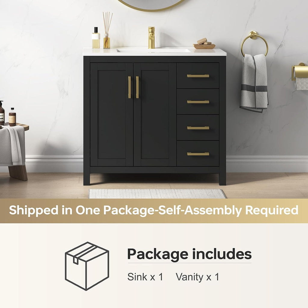 36 Inch Bathroom Vanity with Sink, Black Single Sink Bathroom Vanity with Adjustable Feet, Modern Bathroom Sink Cabinet with Soft-Closing Doors & Drawers, Integral Top