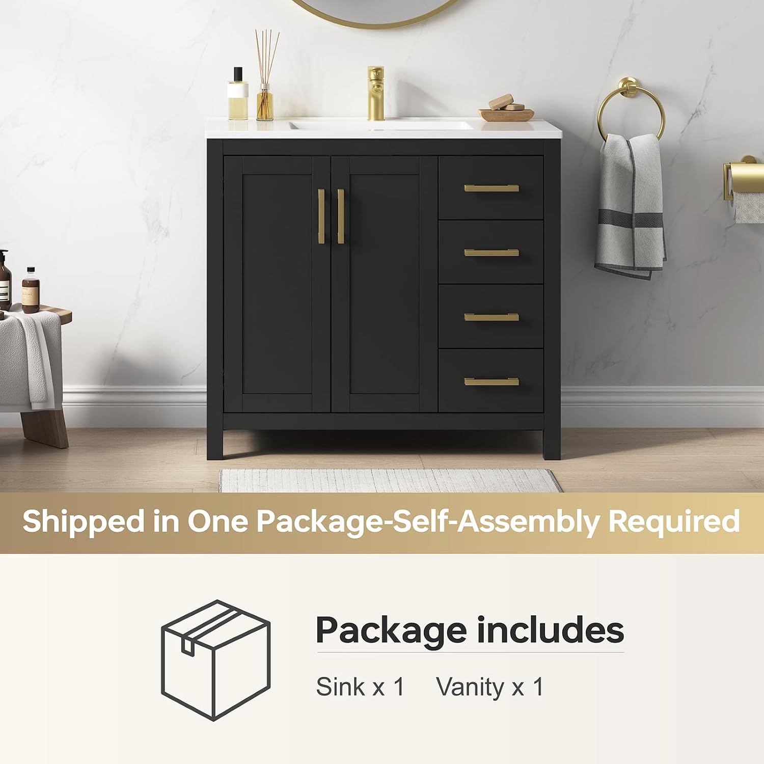 36 Inch Bathroom Vanity with Sink, Black Single Sink Bathroom Vanity with Adjustable Feet, Modern Bathroom Sink Cabinet with Soft-Closing Doors & Drawers, Integral Top