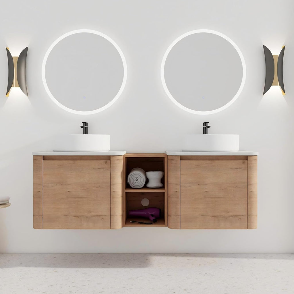 60 Inch Double Sink Bathroom Vanity Combo Modern Floating Bathroom Vanitites with Round Ceramic Vessel Sink 60' Bathroom Sink Cabinet with Marble Counter Top & 1 Middle Storage Shelf