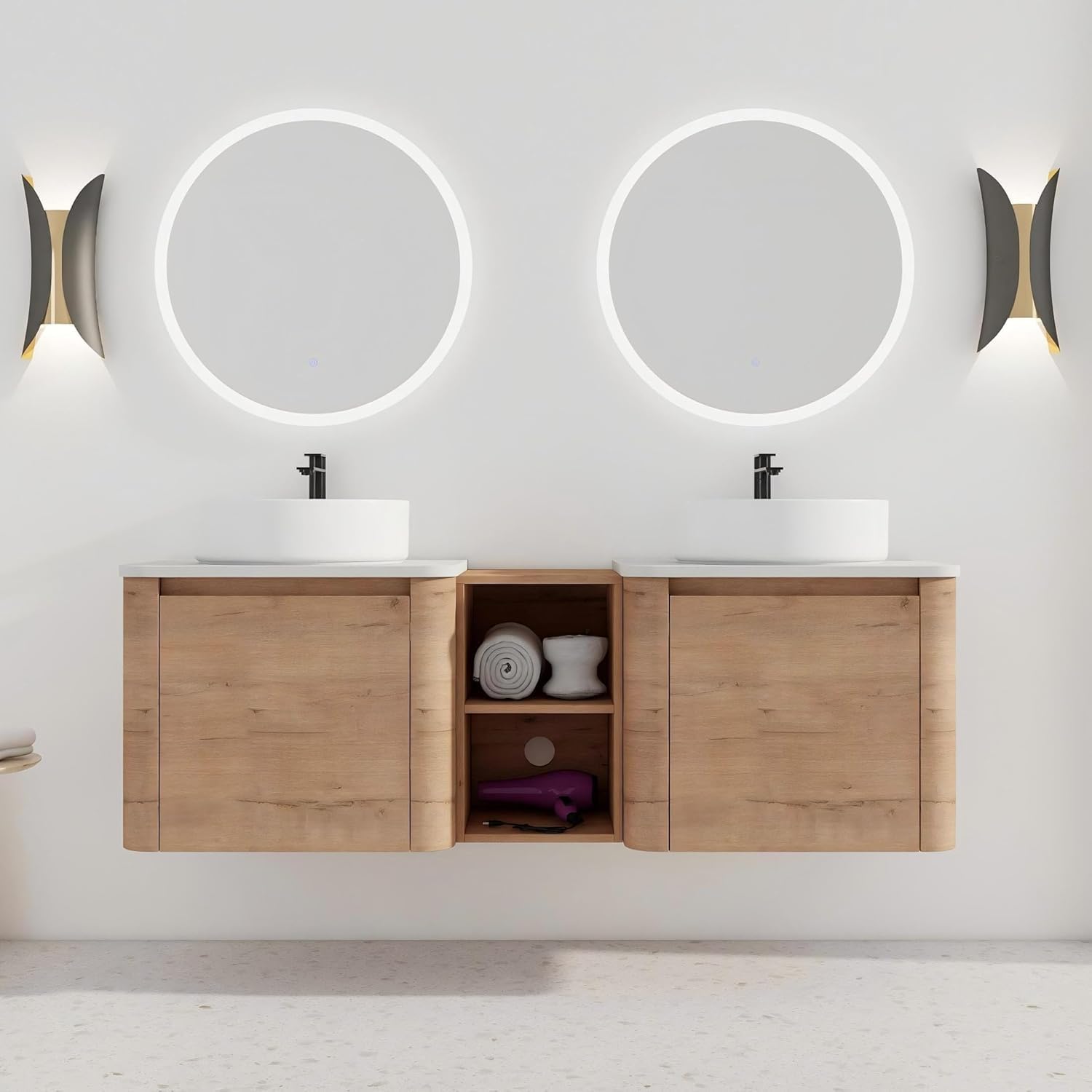 60 Inch Double Sink Bathroom Vanity Combo Modern Floating Bathroom Vanitites with Round Ceramic Vessel Sink 60' Bathroom Sink Cabinet with Marble Counter Top & 1 Middle Storage Shelf