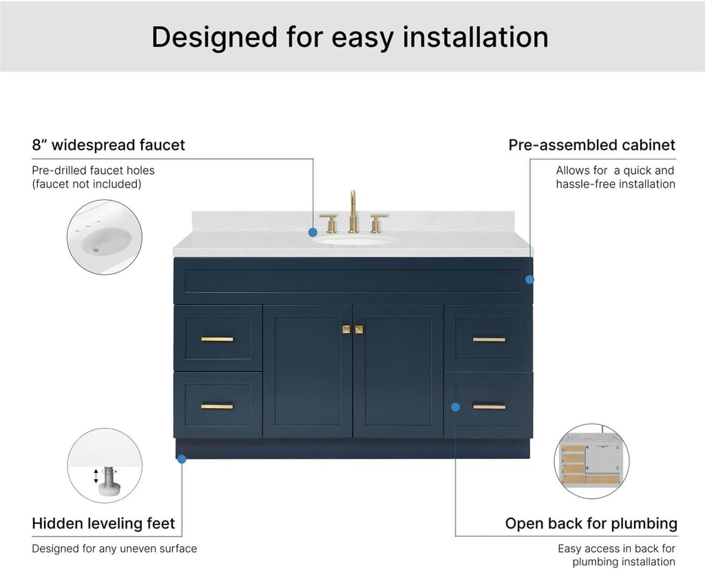ARIEL Hamlet 60-inch Bathroom Vanity with Sink,Solid Wood, 1.5-inch Carrara White Quartz Countertop & Backsplash, Single Oval Porcelain Sink, 2 Soft Closing Doors, 4 Dovetail Drawers, Midnight Blue