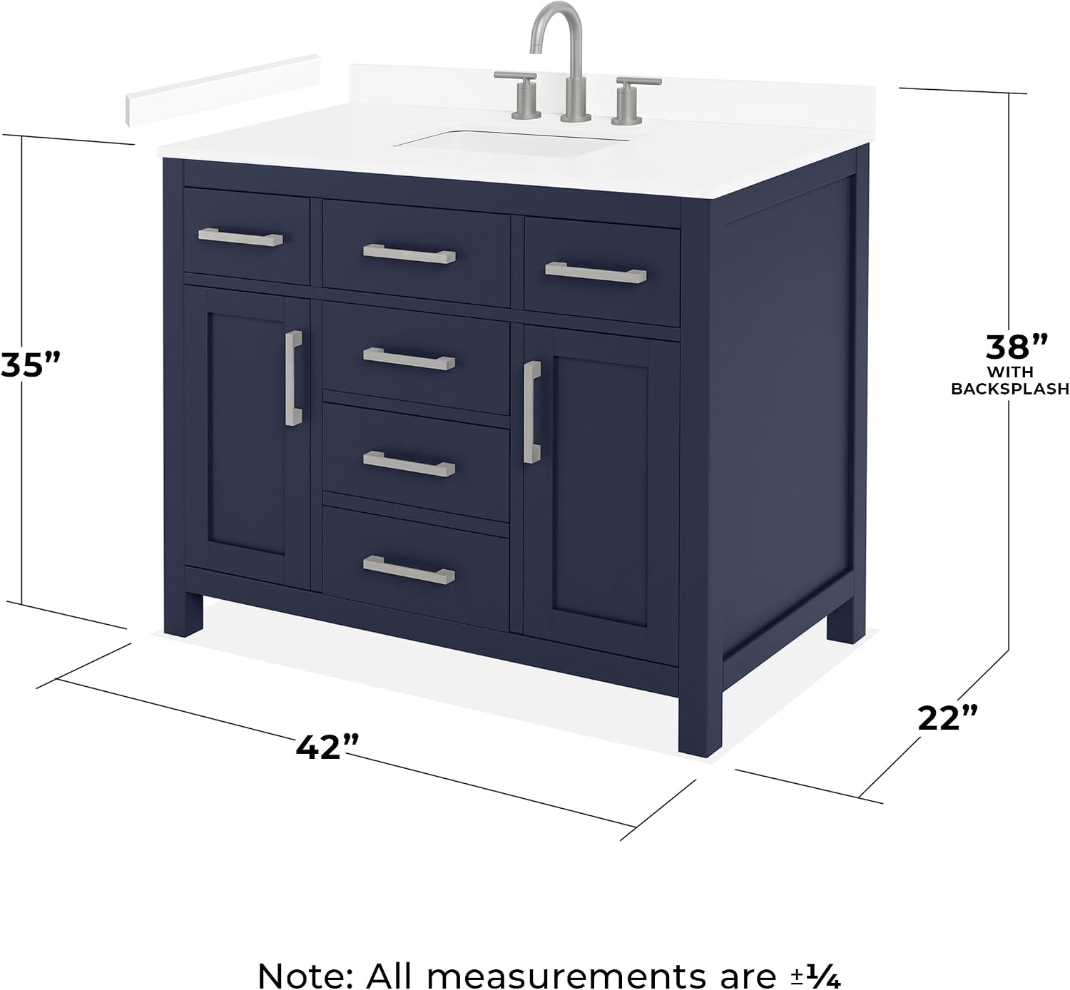 Wyndham Collection Beckett 42 Inch Single Bathroom Vanity in Dark Blue, White Cultured Marble Countertop, Undermount Square Sink (3-Hole), Brushed Nickel Trim